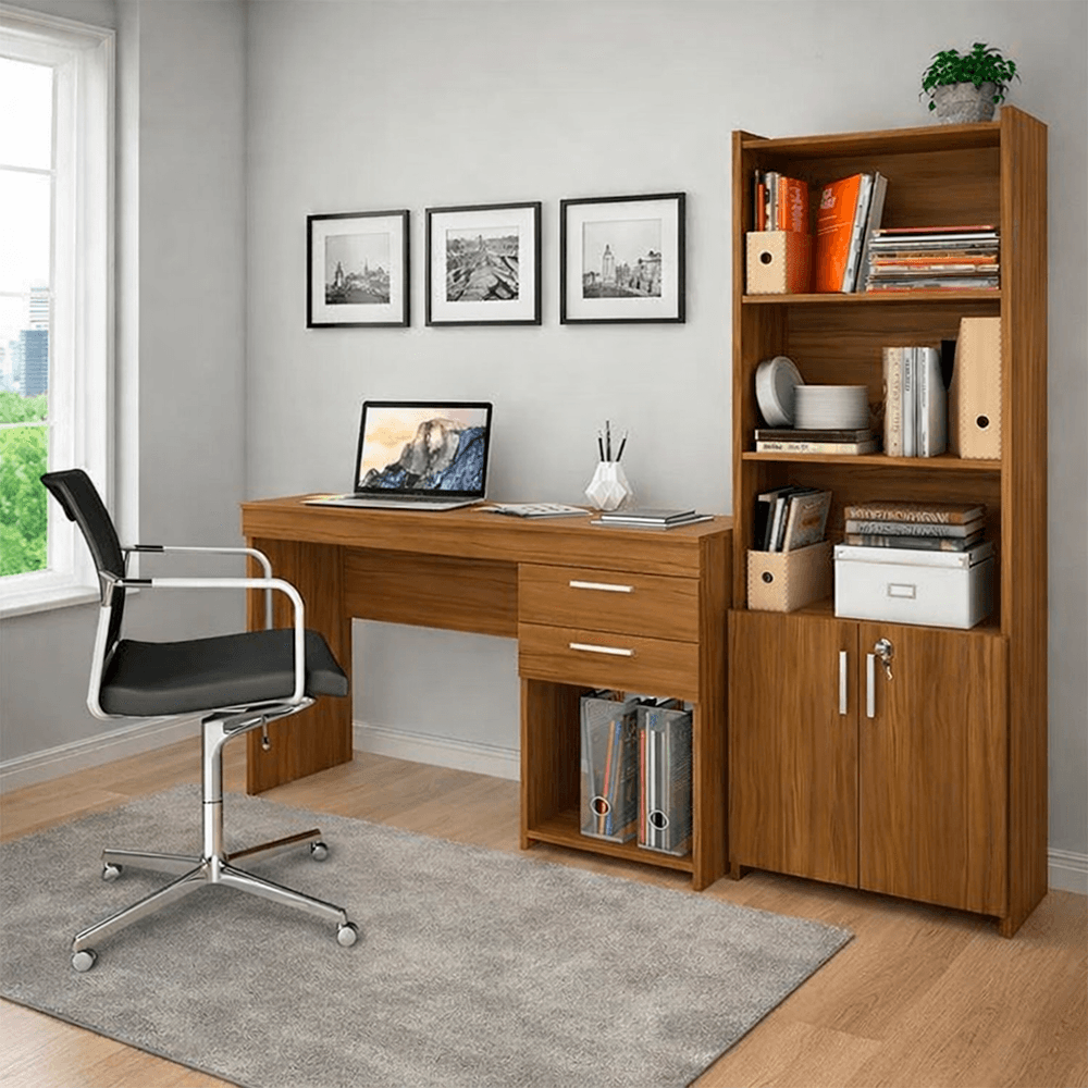 Conjunto Notável Multiuso 2 portas com Escrivaninha 2 Gavetas Office Freijó
