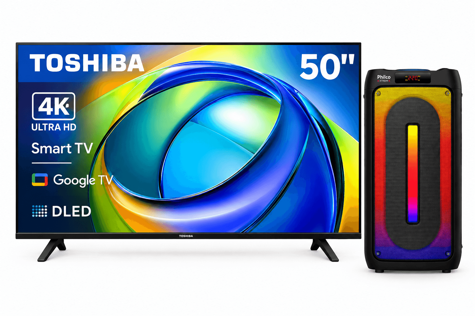 Combo Smart TV Toshiba 50" DLED 4K + Caixa de Som Bluetooth Philco