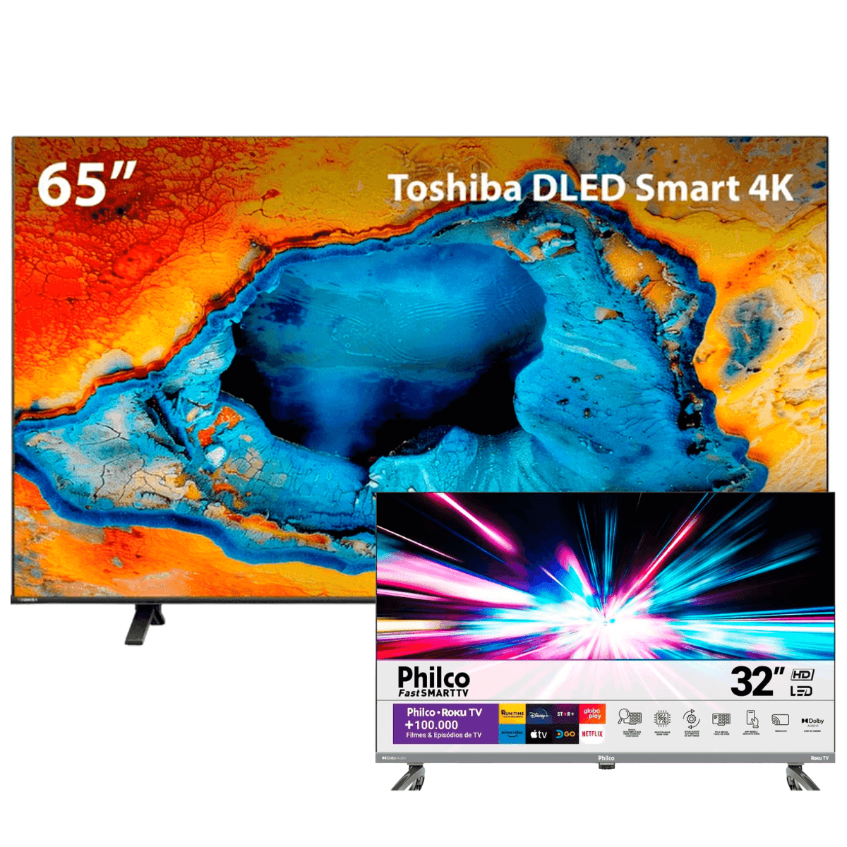 Combo Smart TV Toshiba 65" 4K UHD + Philco 32" HD Roku