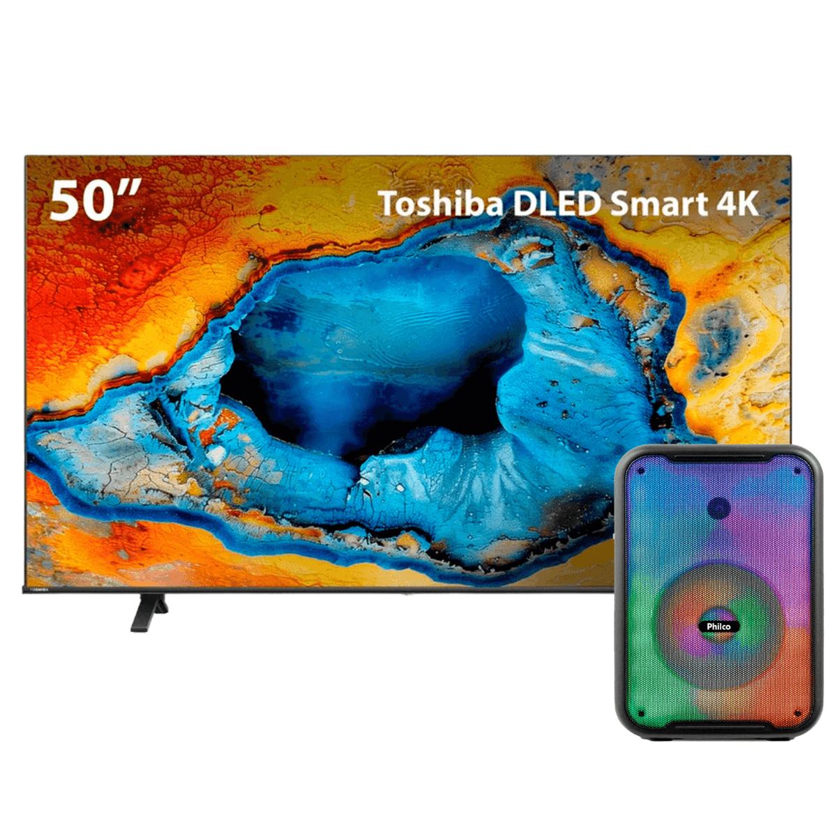 Combo Smart TV Toshiba 50" 4K UHD + Caixa de Som Amplificada Bluetooth Philco