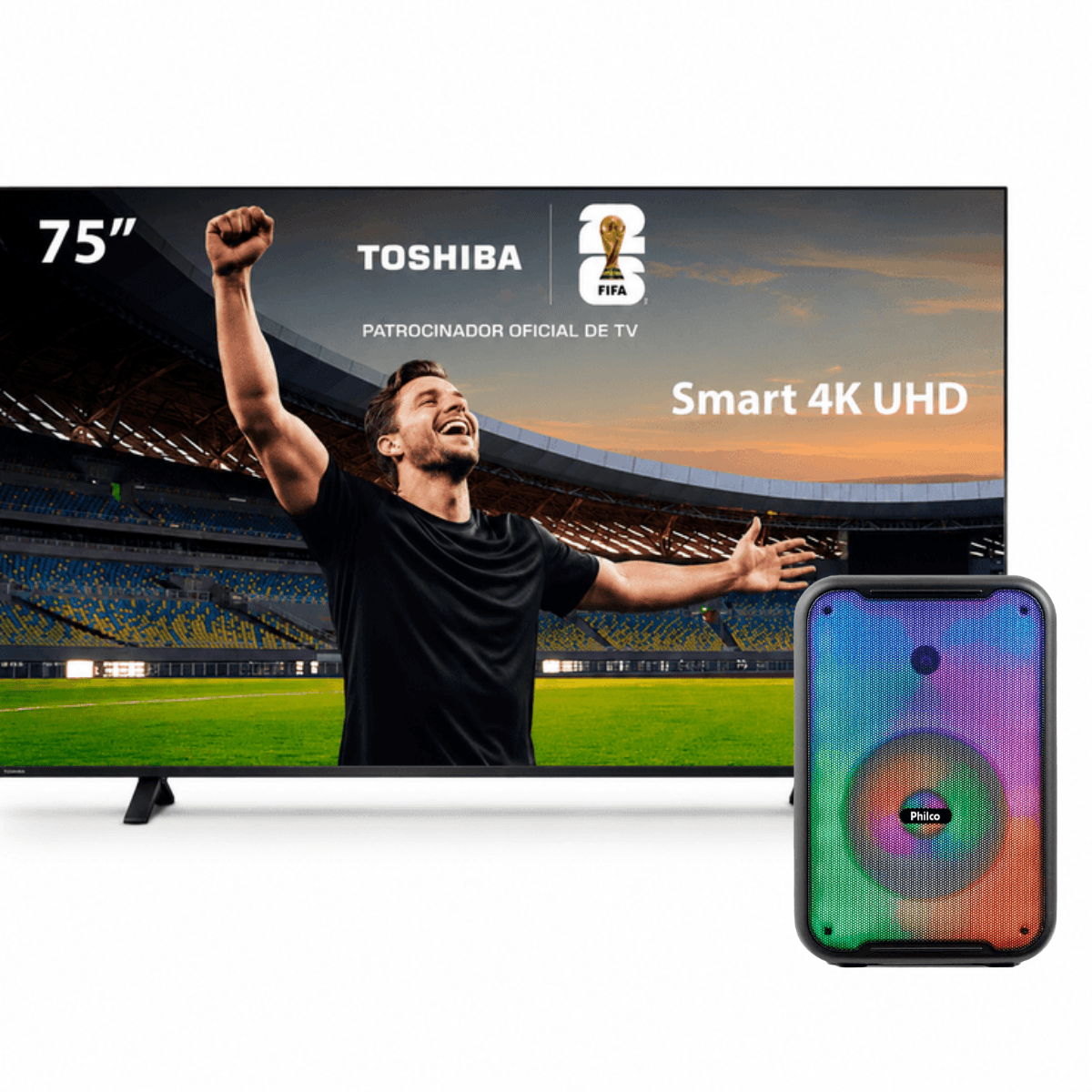 Combo Smart TV Toshiba 75" 4K UHD + Caixa de Som Amplificada Bluetooth Philco