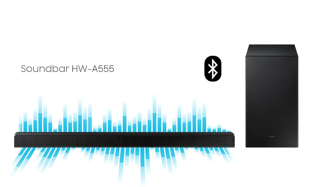 Soundbar Samsung HW-A555/ZD, com 2.1 canais, potência de 410 W RMS, Bluetooth, Subwoofer sem fio