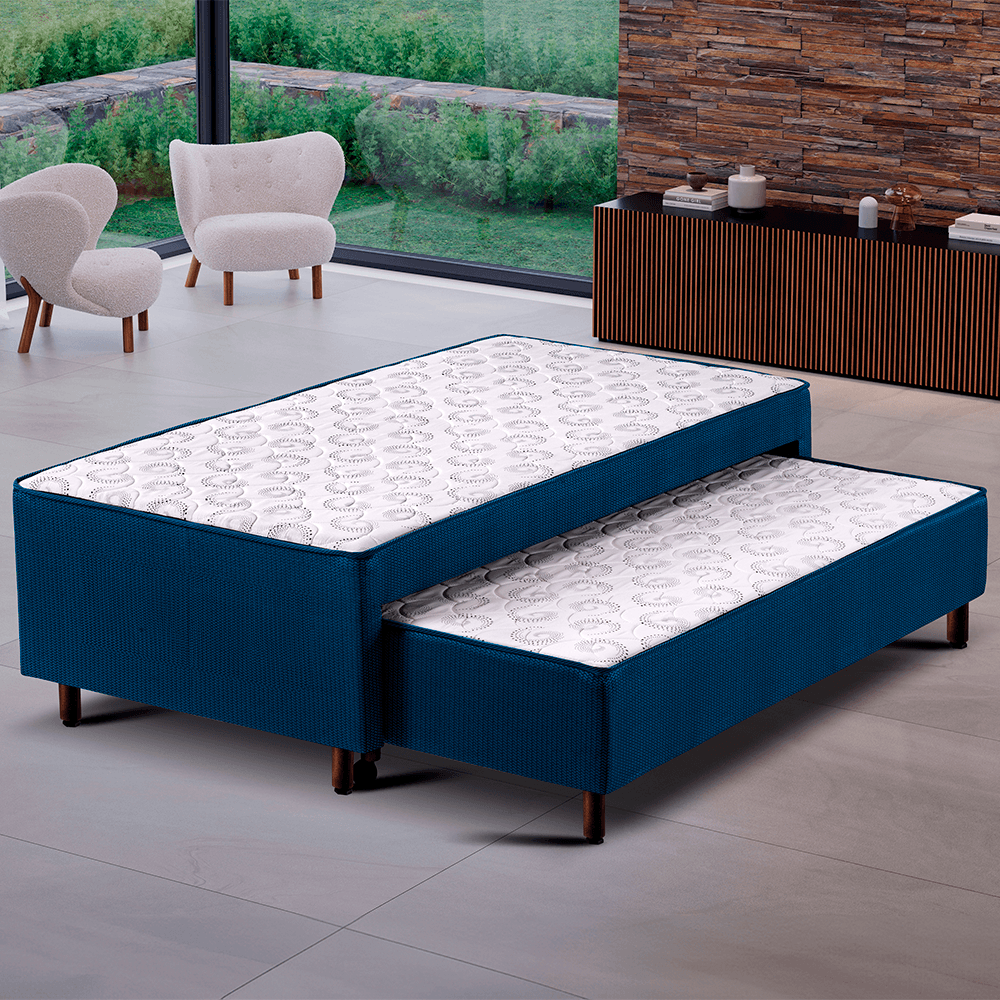 Cama Box Solteiro Conjugada com Auxiliar Polar Compact Plus Vip Azul