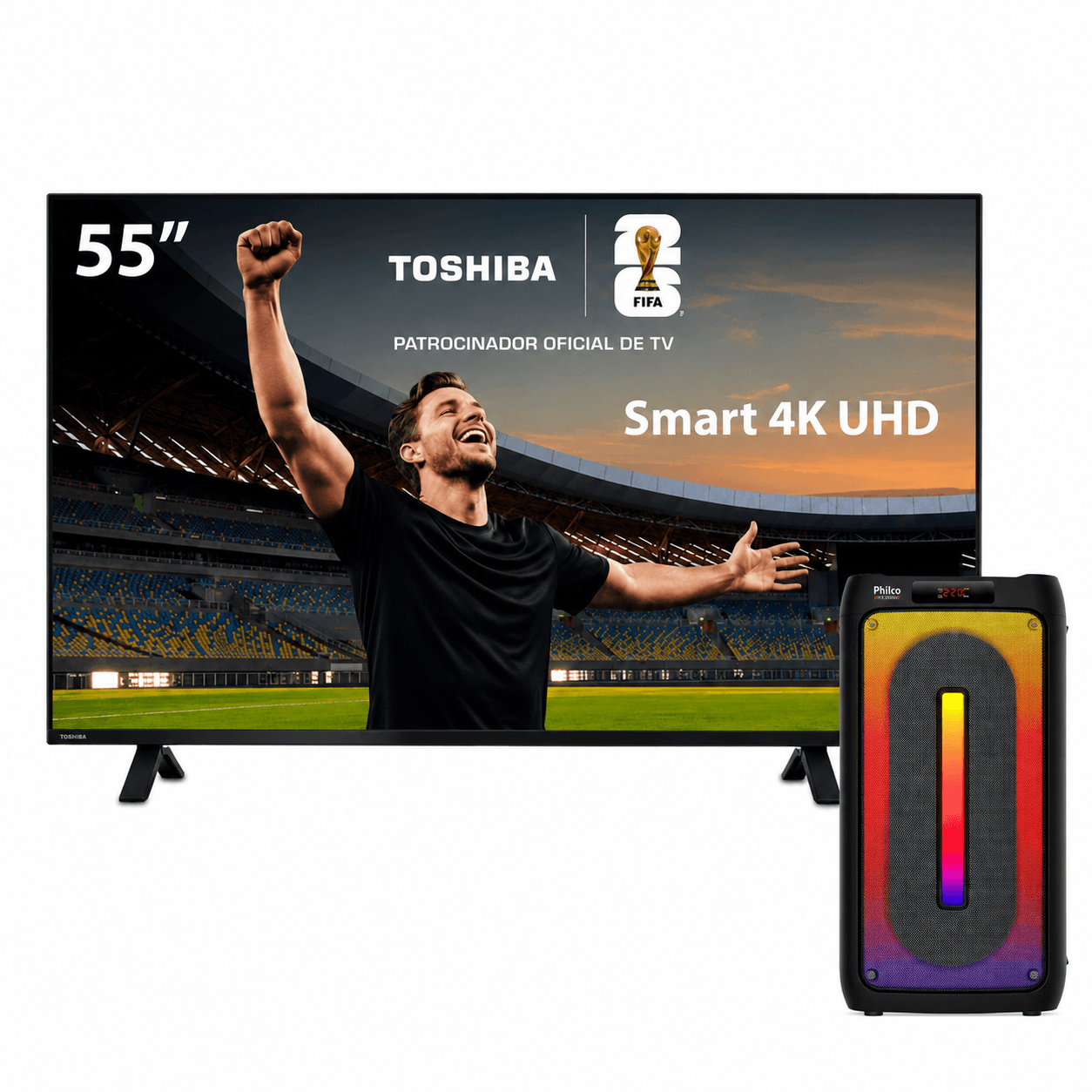 Combo Smart TV Toshiba 55" 4K UHD + Caixa de Som Bluetooth Philco