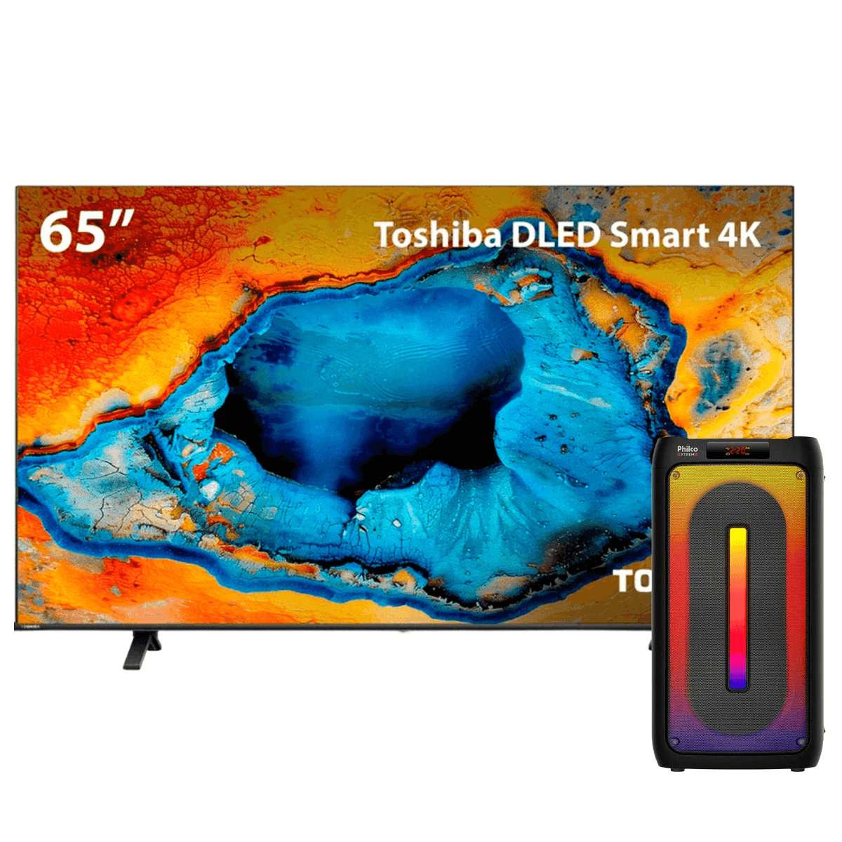 Combo Smart TV Toshiba 65" 4K UHD + Caixa de Som Bluetooth Philco
