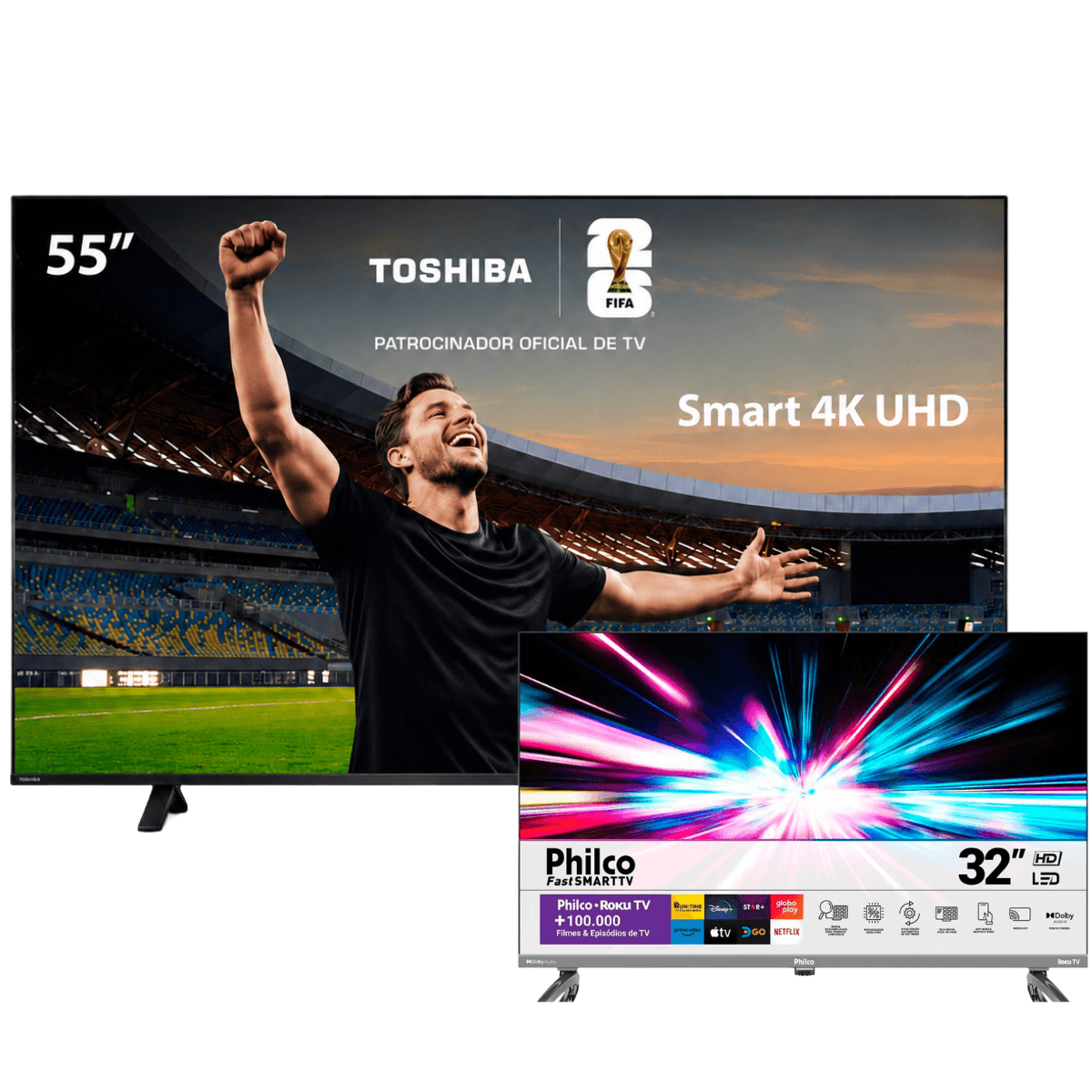 Combo Smart TV Toshiba 55" 4K UHD + Philco 32" HD Roku