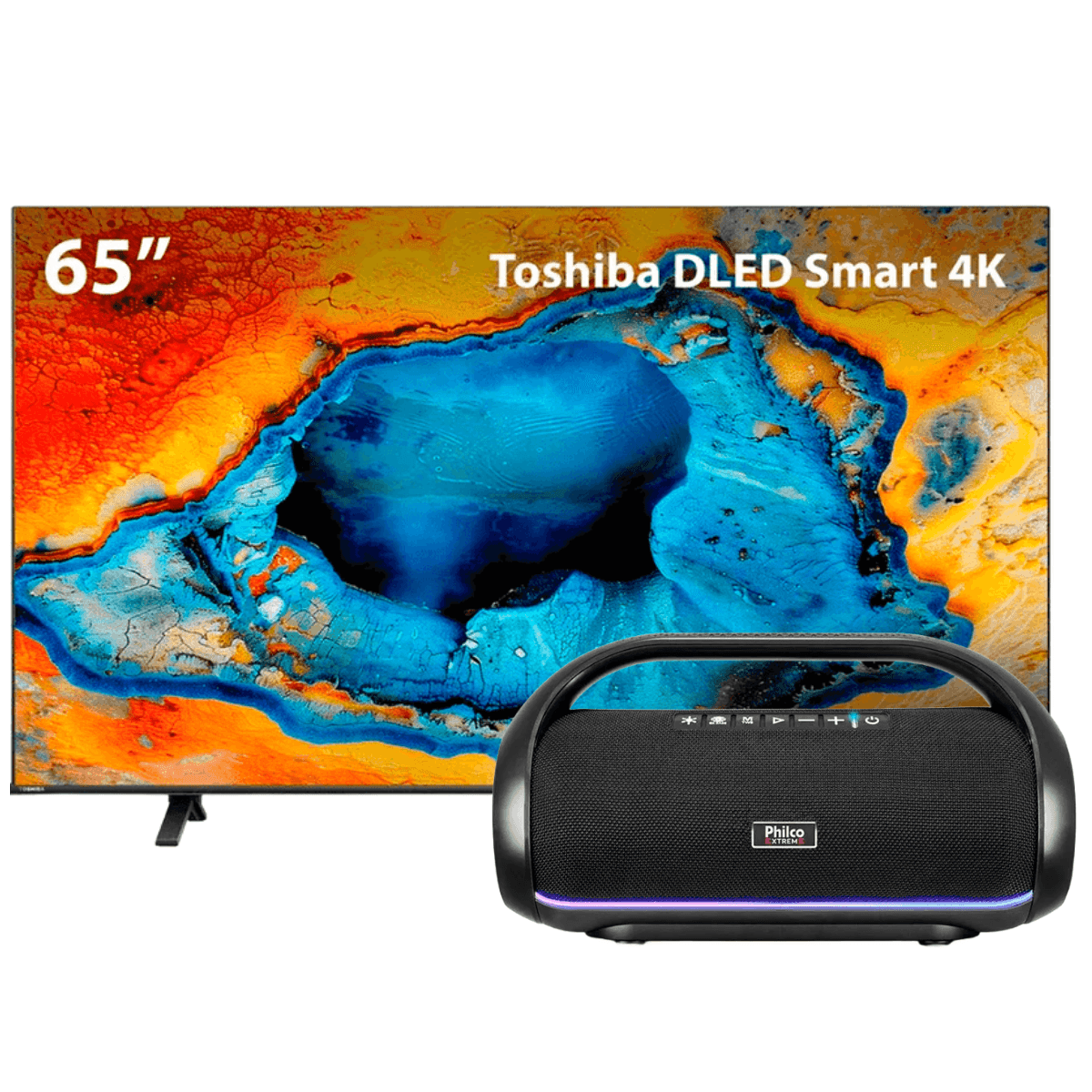 Combo Smart TV Toshiba 65" 4K UHD + Caixa de Som Portátil Philco Bluetooth
