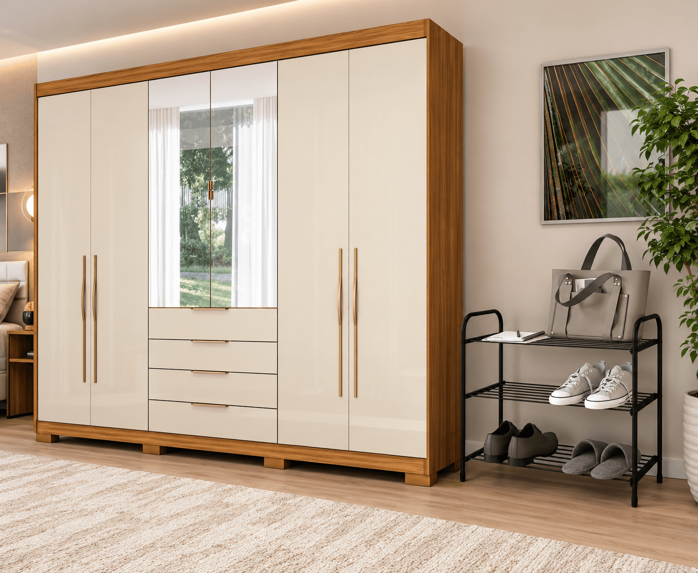 Combo Guarda Roupa 6 Portas com Espelho e Sapateira 3 Prateleiras