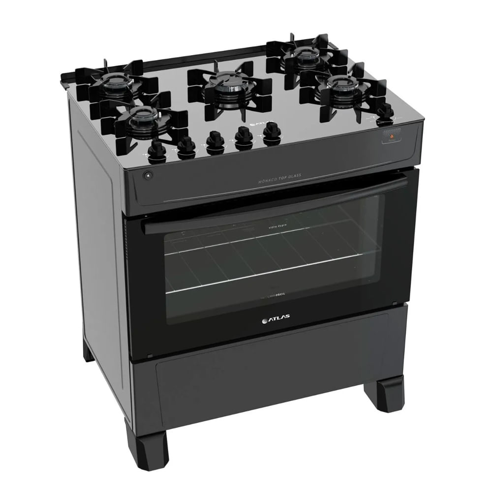 Fogão Mônaco Atlas Top Glass 5 bocas com mesa de vidro