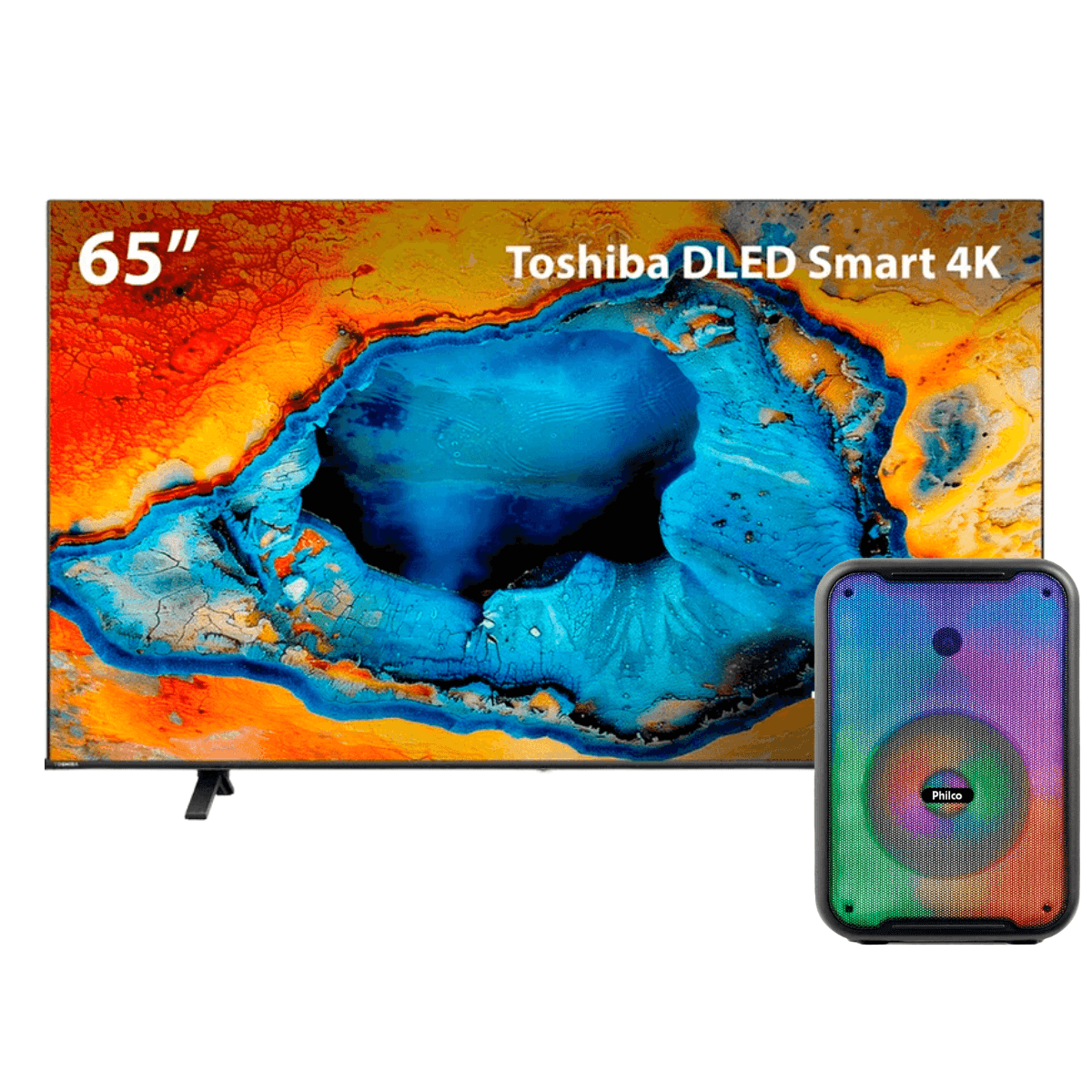 Combo Smart TV Toshiba 65" 4K UHD + Caixa de Som Amplificada Bluetooth Philco