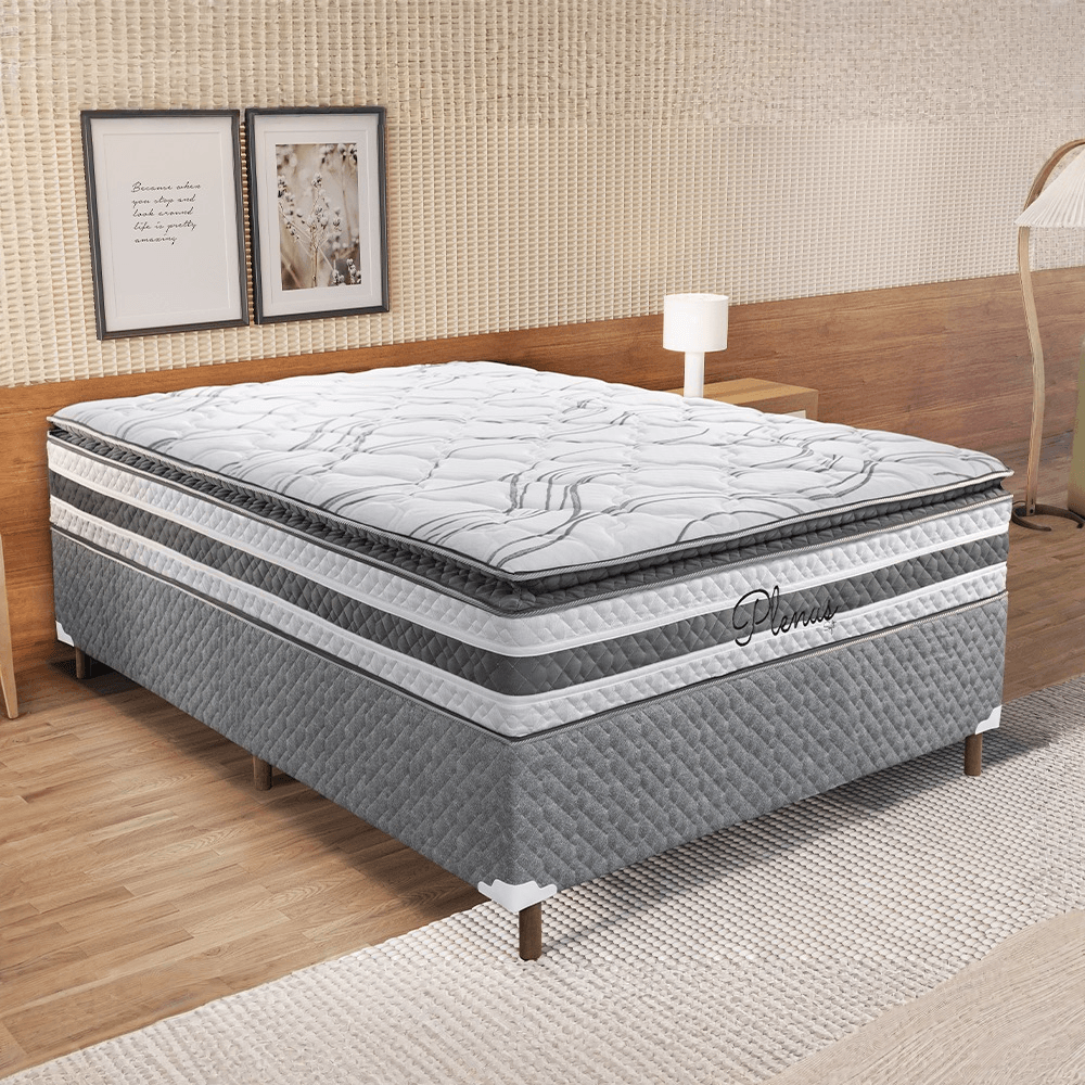 Conjunto Box Casal Paropas com Colchão Plenus 138x188cm Cinza/Chumbo