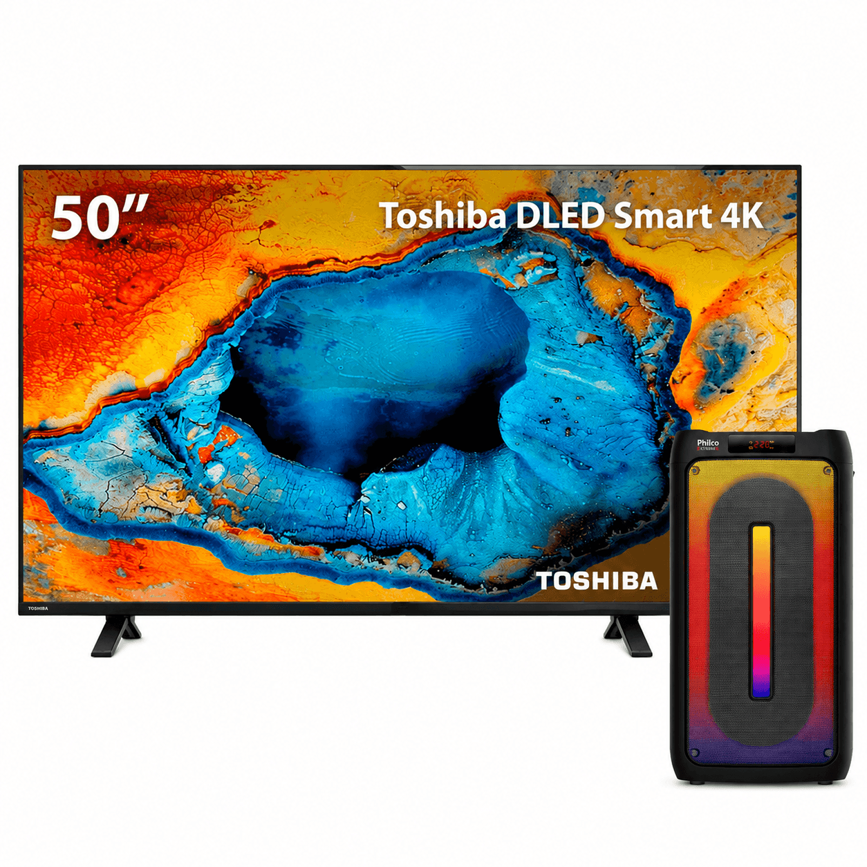 Combo Smart TV Toshiba 50" 4K UHD + Caixa de Som Bluetooth Philco