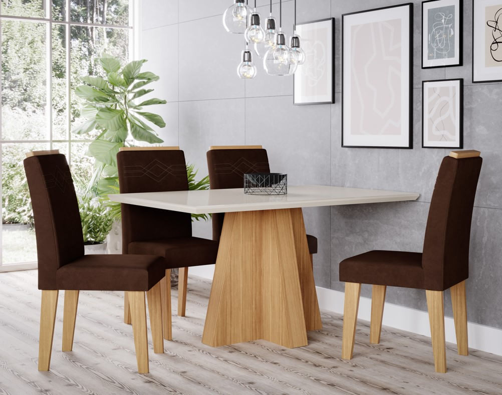 Conjunto de Jantar 130 x 80 cm Patrícia 4 Cadeiras Taís Nature Chocolate