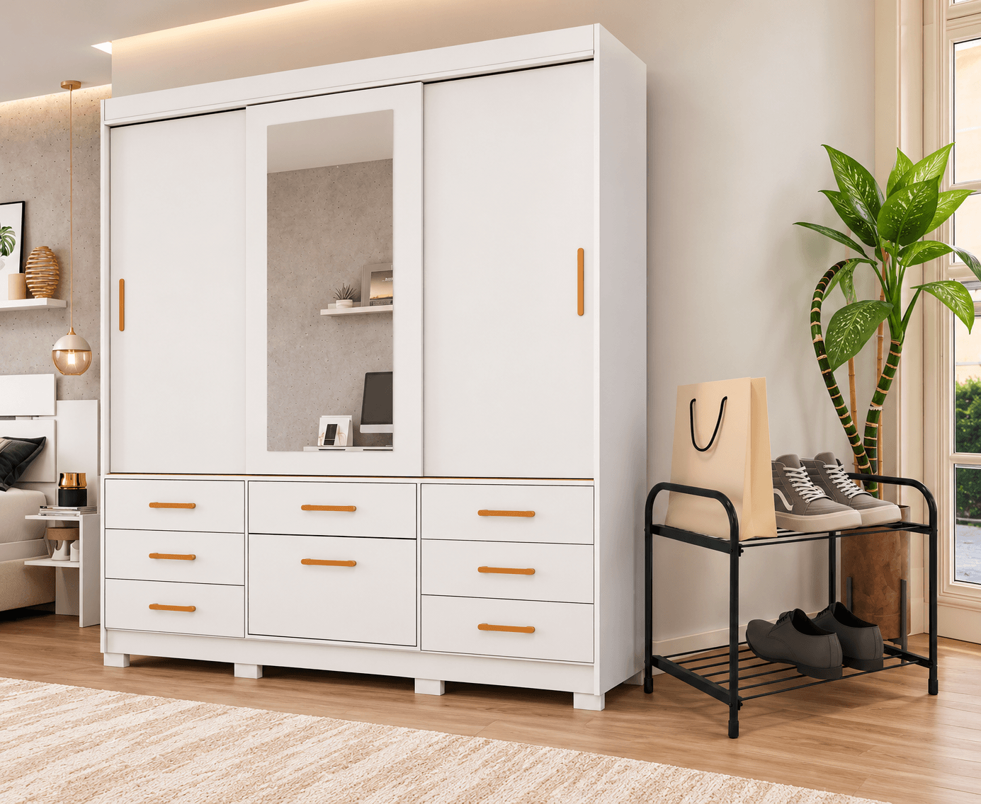 Combo Guarda-Roupa 3 Portas com Espelho e Sapateira 2 Prateleiras