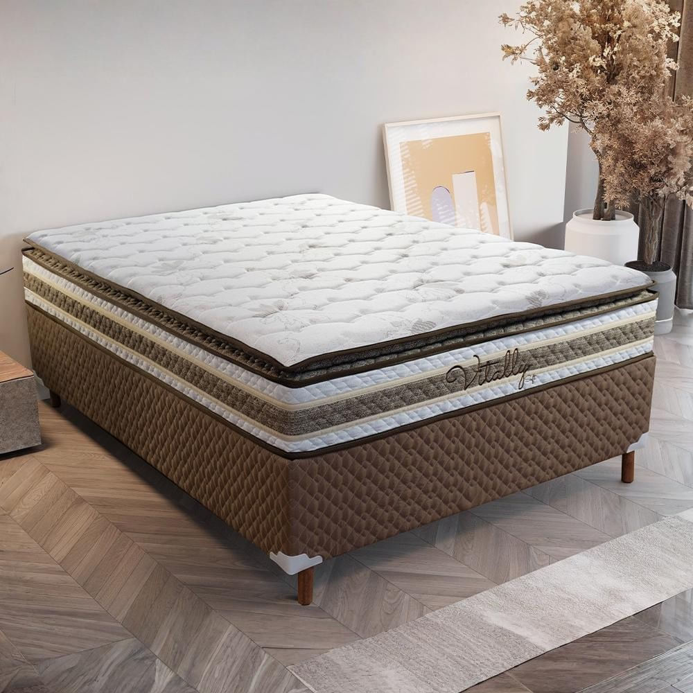 Conjunto Box Casal Paropas com Colchão Vitally 138x188cm Branco/Cereja