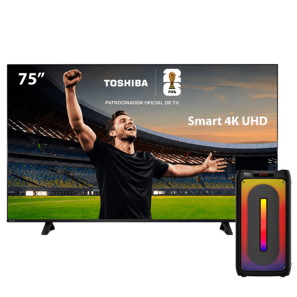 Combo Smart TV Toshiba 75" 4K UHD + Caixa de Som Bluetooth Philco