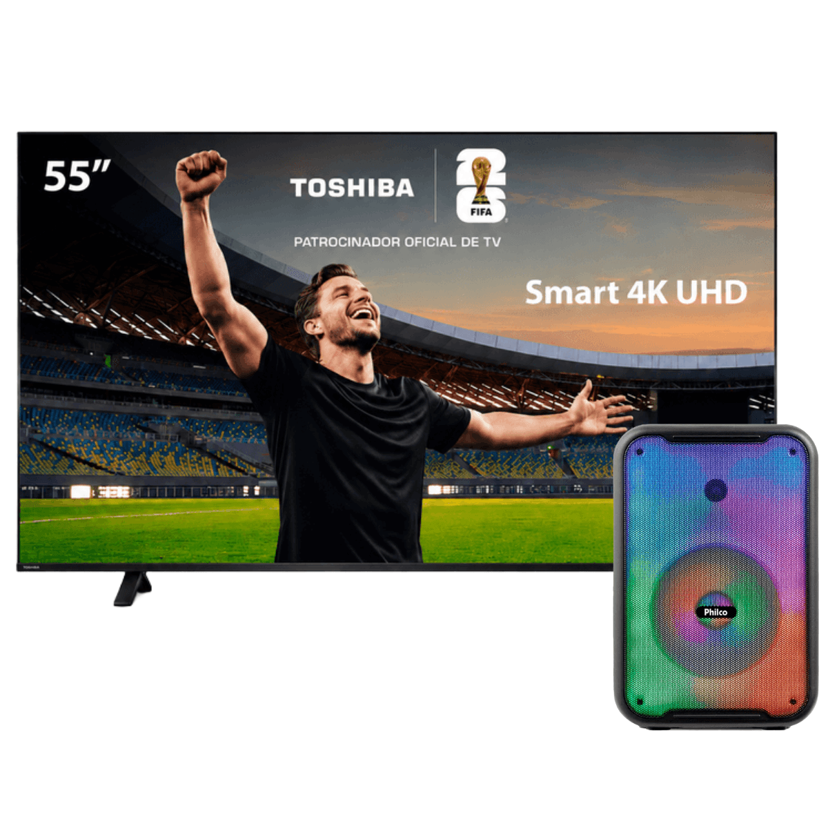 Combo Smart TV Toshiba 55" 4K UHD + Caixa de Som Amplificada Bluetooth Philco