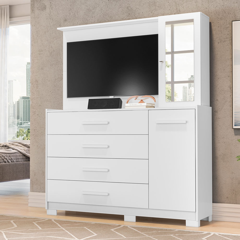 Cômoda IlhaBela Albatroz com Painel Para TVs de até 43", 04 Gavetas, 02 Portas e Espelho